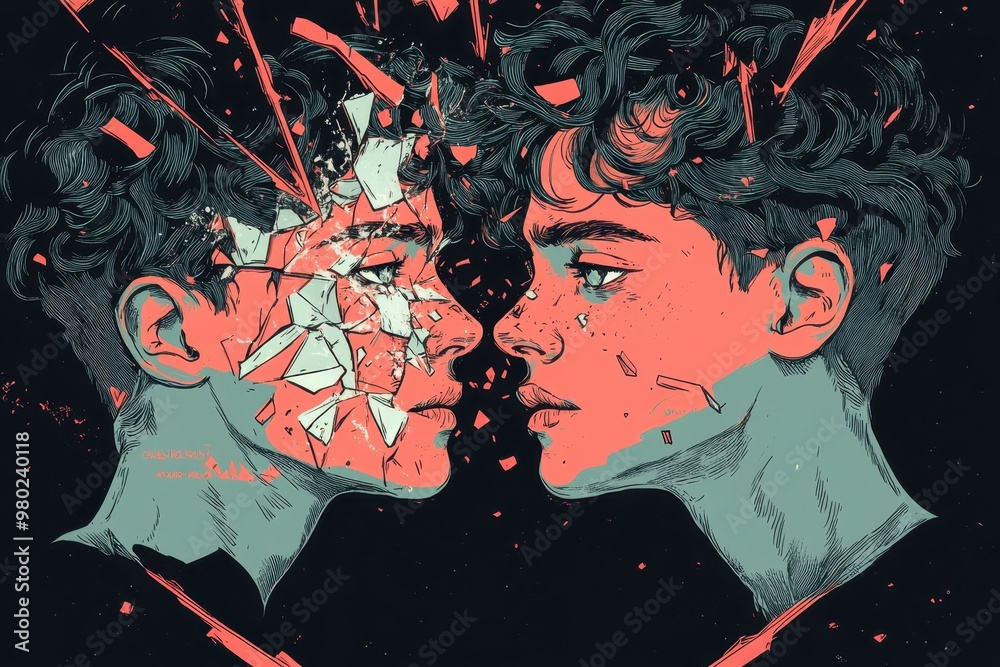 Shattered Reflection - Teen Facing Identity Crisis and Self-Doubt in Illustration