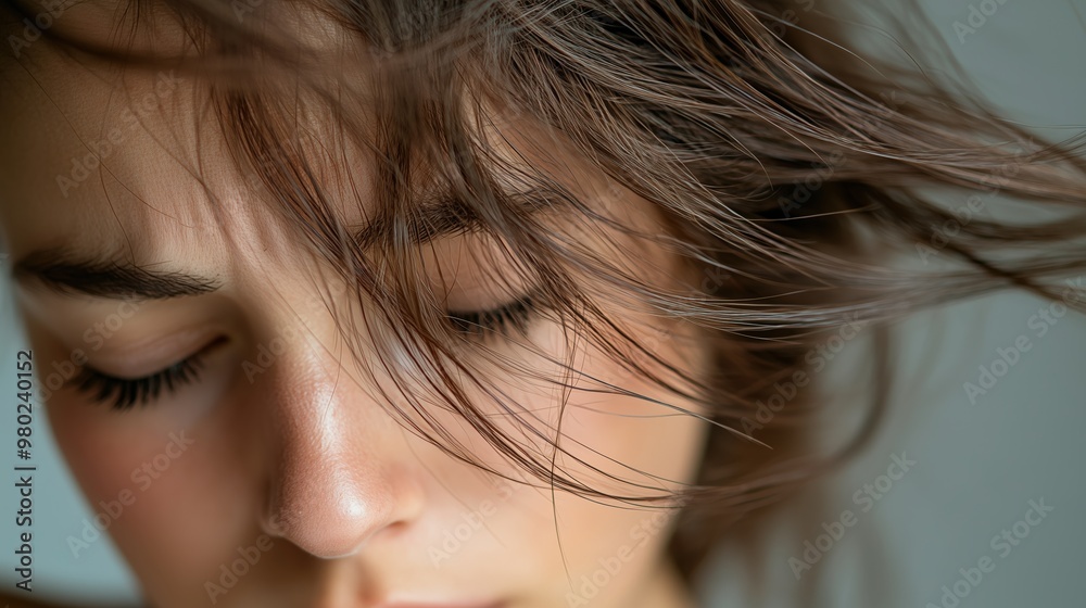 Tranquil emotion: close-up of woman with flowing hair for stress awareness and mental health Tranquil emotion: close-up of woman with flowing hair for stress awareness and mental health