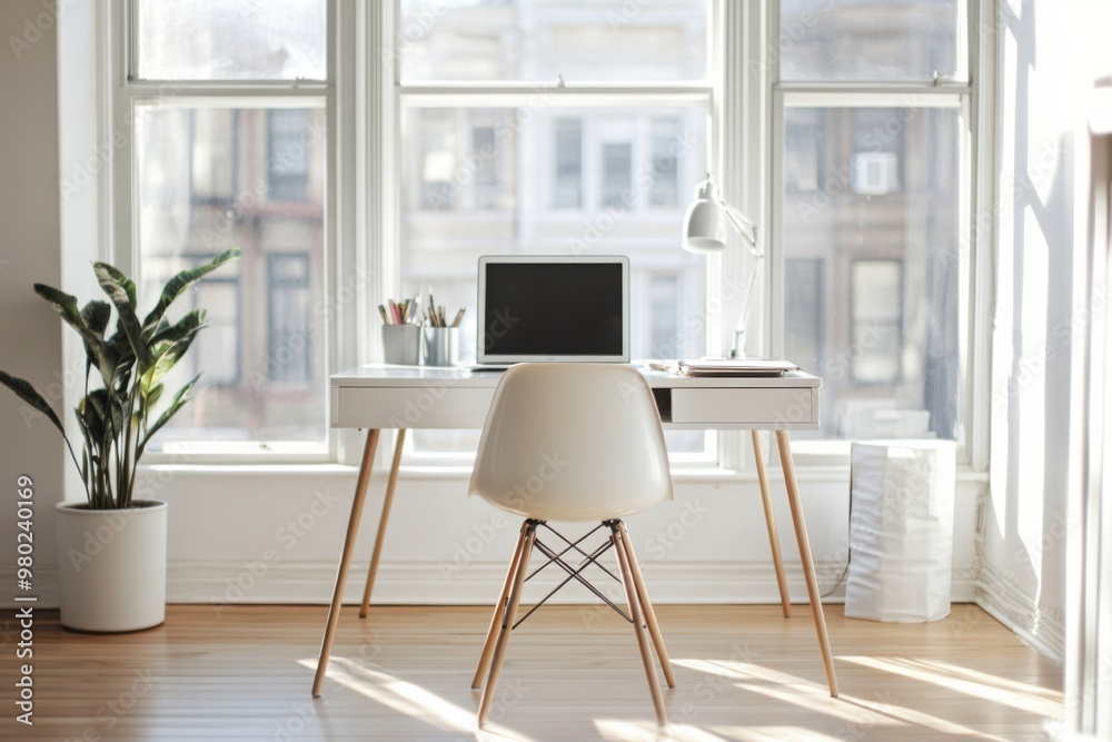 Fototapeta premium A minimalist home office with a clean desk, a modern chair, and minimal decor, set against a backdrop of white walls and large windows allowing natural light to flood the space