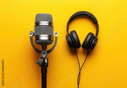 podcasting concept, Directly above view of headphones and recording microphone