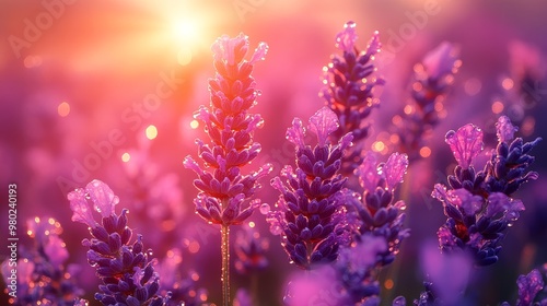 Morning dew on a field of lavender under a clear sky: Fresh weather, fragrant and peaceful., medium angle shot