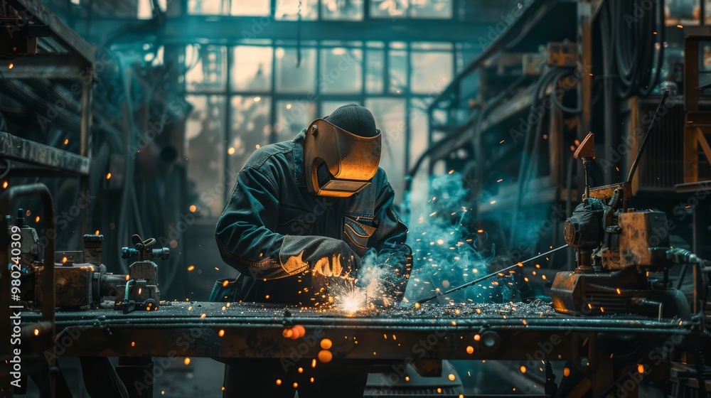 Dark, industrial space with a welder at work, sparks reflecting off gritty metal surfaces, worn tools and machinery creating a rustic backdrop Dark, industrial space with a welder at work, sparks reflecting off gritty metal surfaces, worn tools and machinery creating a rustic backdrop
