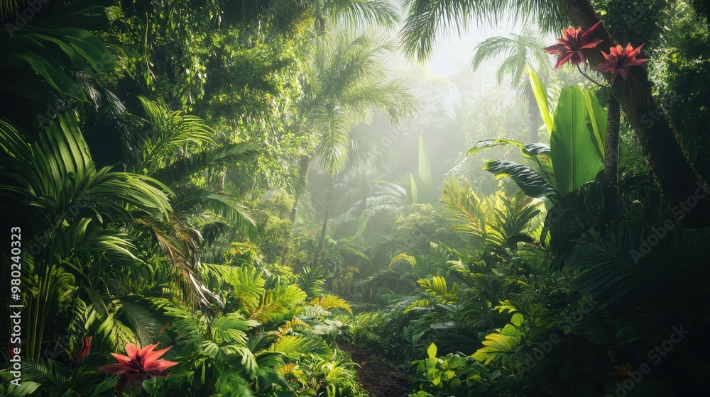 Naklejka premium Sunlit Path Through Lush Tropical Jungle