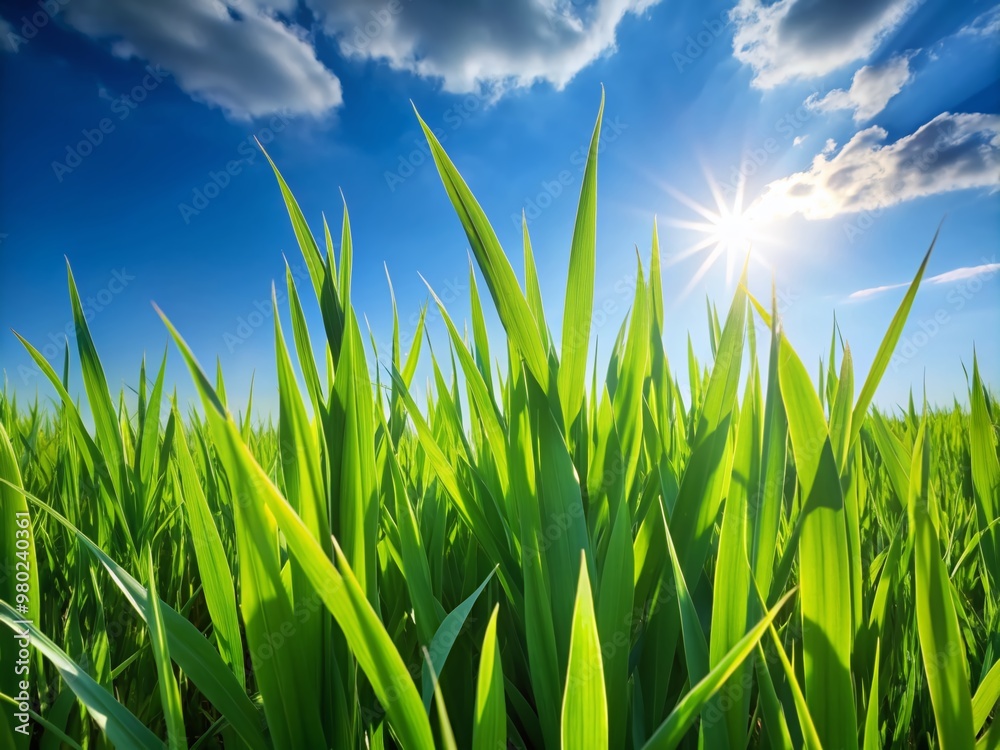 Obraz premium Vibrant green grass blades stretch towards the sky, casting subtle shadows on the earthy terrain, perfect for backgrounds, textures, and nature-inspired designs.