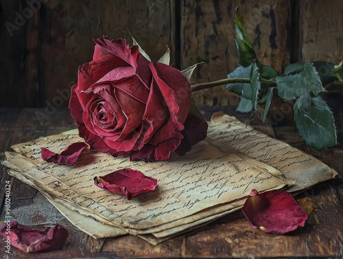 A wilted rose lying on a dusty, abandoned table, the petals scattered across old love letters, reflecting the decay of a once passionate romance photo