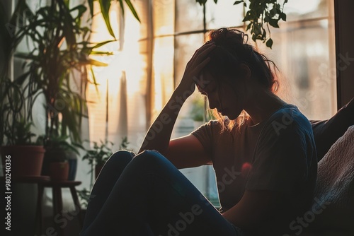 A person sitting alone in a peaceful room, with soft natural light coming through the window, holding their head in their hands, symbolizing the weight of anxiety and stress