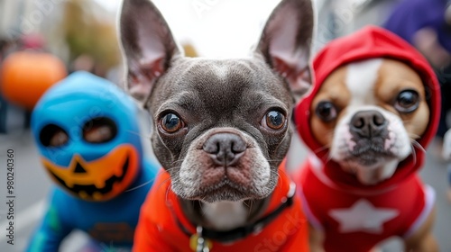 Halloween parade for dogs wearing tiny costumes, from superheroes to ghosts photo