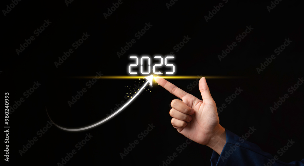 arrow go to target in 2025 growth business, Businessman analyzing economic trend data for long-term investment in 2025. Set up objective target business cost and budget planning for new year concept