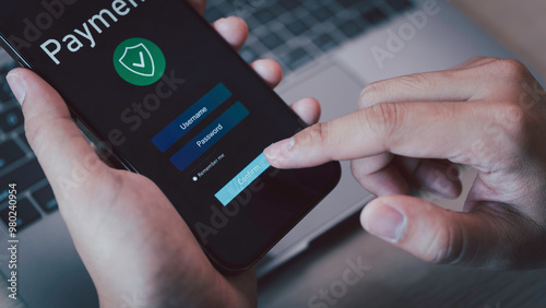 Obraz na płótnie Cyber security network. Data protection concept. Digital online payment. person using mobile smart phone, online payment, banking, online shopping. Technology online banking applications. w salonie