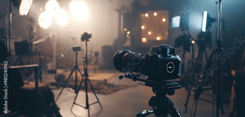 Closeup of a social media influencer creating content for a viral marketing campaign, with highend camera equipment and branding materials, in a stylish, welllit studio