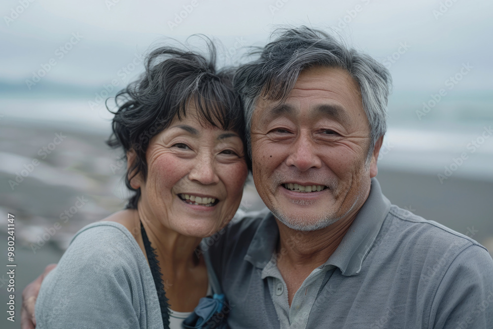 An elderly couple taking a photo by the seaside An elderly couple taking a photo by the seaside