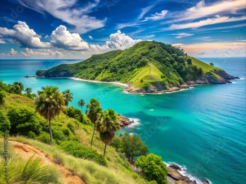 Serene Phuket landscape near Promthep Cape features a stunning seaside rock formation, turquoise blue waters, and lush green foliage under a vibrant blue sky.