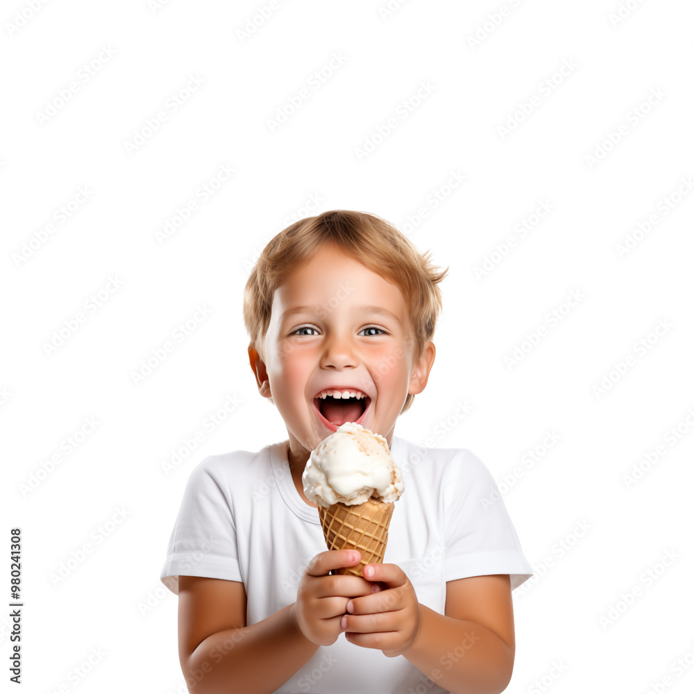 A smiling child with curly brown hair is holding an ice cream cone. Suitable for summer themed designs, children's products, and happy childhood concepts. Generative AI A smiling child with curly brown hair is holding an ice cream cone. Suitable for summer themed designs, children's products, and happy childhood concepts. Generative AI