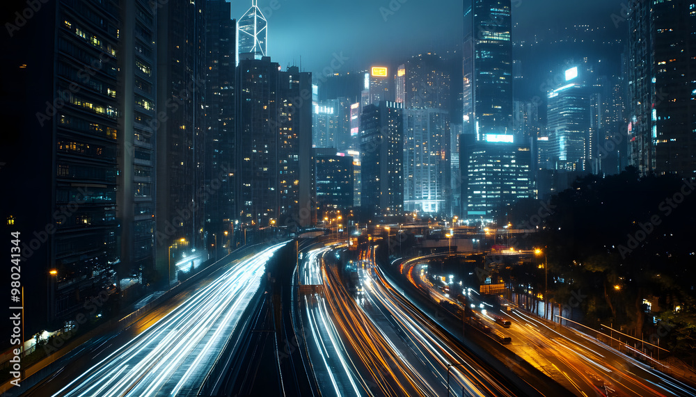 Fototapeta premium A bustling city at night, with skyscrapers illuminated and traffic creating streaks of light