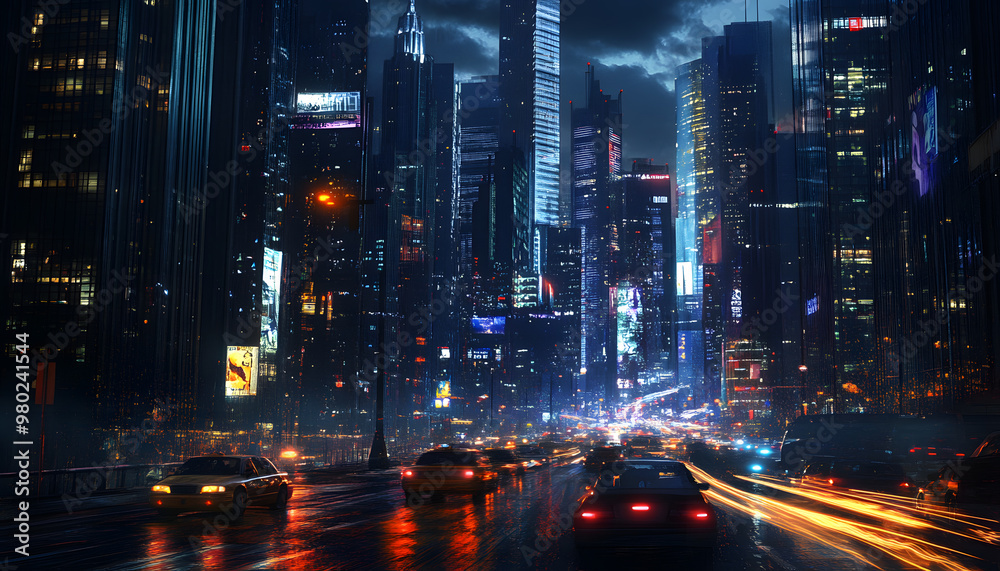 Obraz premium A bustling city at night, with skyscrapers illuminated and traffic creating streaks of light