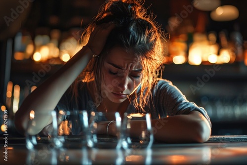 A woman sitting at a bar, with multiple empty glasses in front of them, looking downcast, representing the dependency on alcohol and its emotional toll. photo