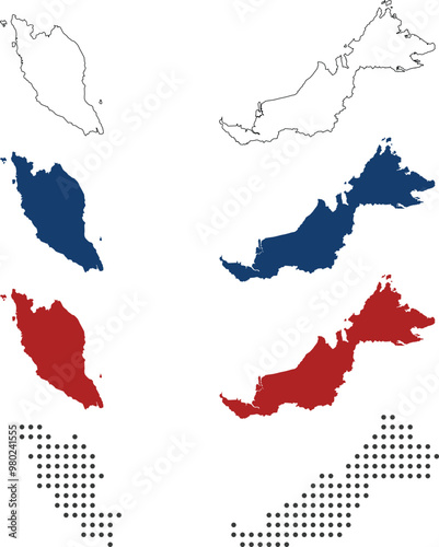 Malaysia map detailed in outline, blue, red, dotted style
