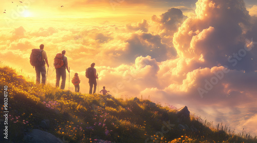 silhouette of a family in the sunset, A multi-generational family walking up a grassy hill, The concept of travel and hike