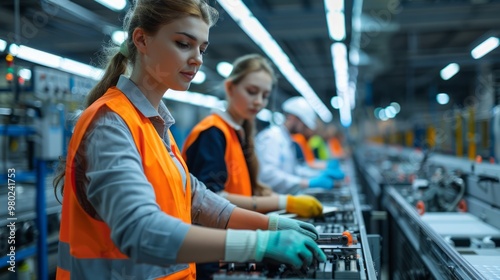 Group of factory workers wearing safety vests and gloves collaborating with automated machines on an efficient assembly line, modern industrial environmen