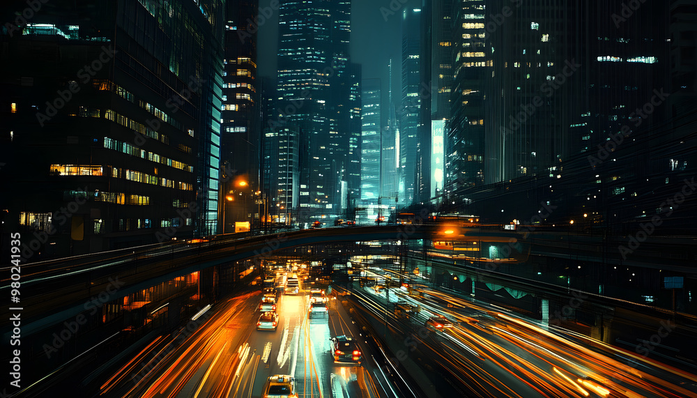 Obraz premium A bustling city at night, with skyscrapers illuminated and traffic creating streaks of light