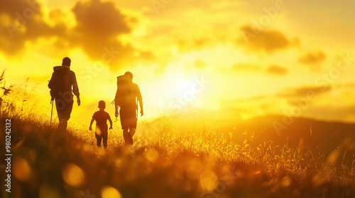 silhouette of a family in the sunset, A multi-generational family walking up a grassy hill, The concept of travel and hike