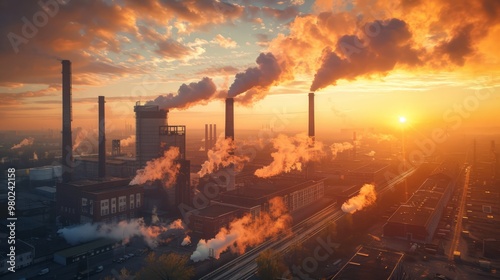 Industrial factory exterior at sunset, showing a large brick building with towering smokestacks and a gritty, urban atmosphere