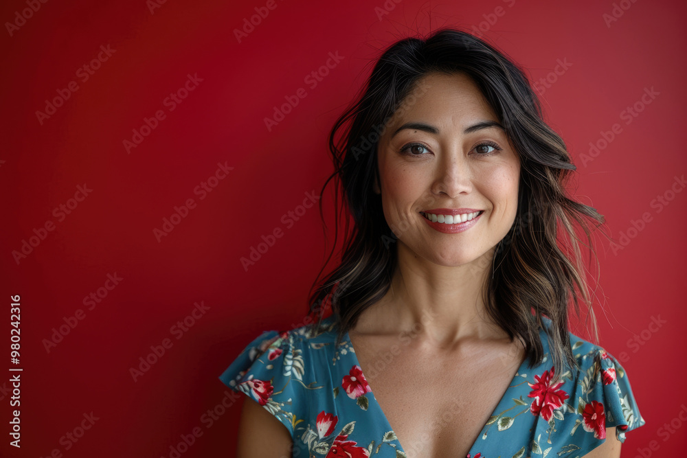 A young woman smiles at the camera with a red background A young woman smiles at the camera with a red background