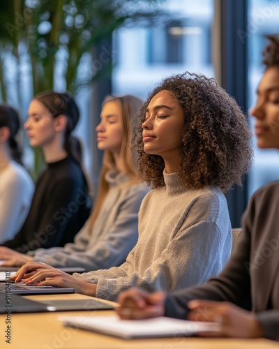 A workplace mindfulness session where employees are guided through breathing exercises to reduce stress during a busy day. photo