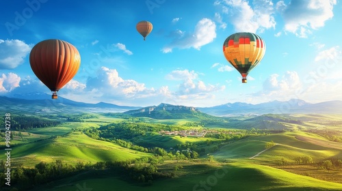 Vibrant travel wallpaper with hot air balloons flying over green valleys and distant hills under a clear blue sky. photo