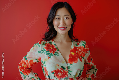 A young woman smiles at the camera with a red background