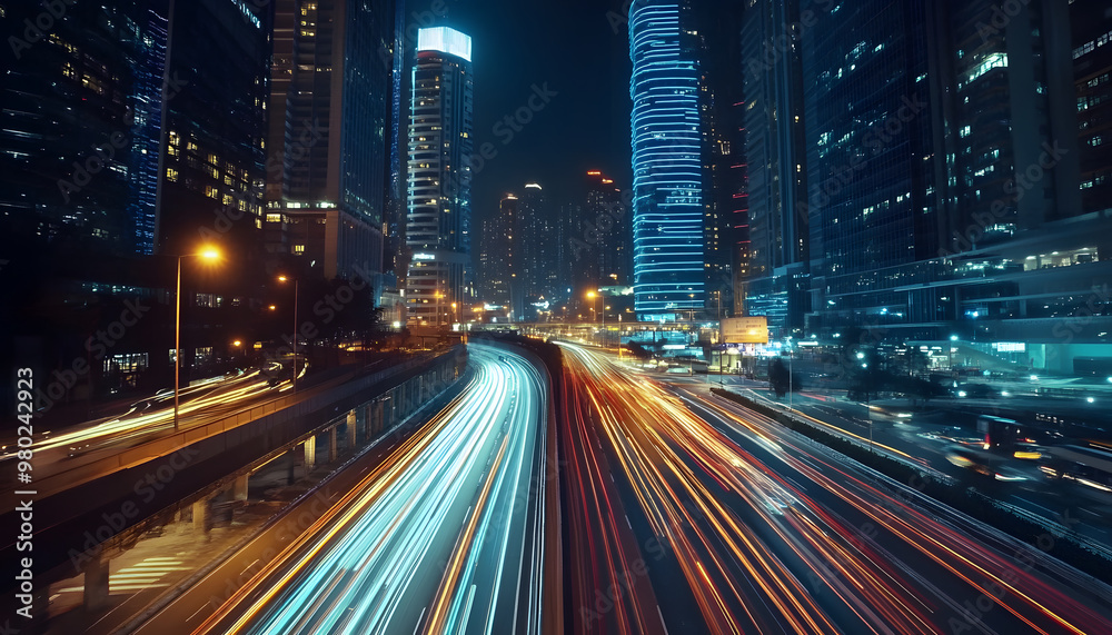 Fototapeta premium A bustling city at night, with skyscrapers illuminated and traffic creating streaks of light