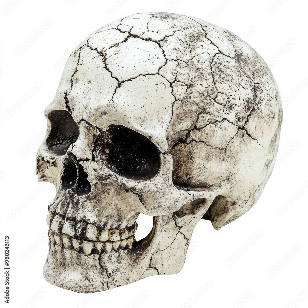 Obraz premium Isolated skull with cracks and a weathered texture on a white background