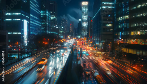 A bustling city at night, with skyscrapers illuminated and traffic creating streaks of light