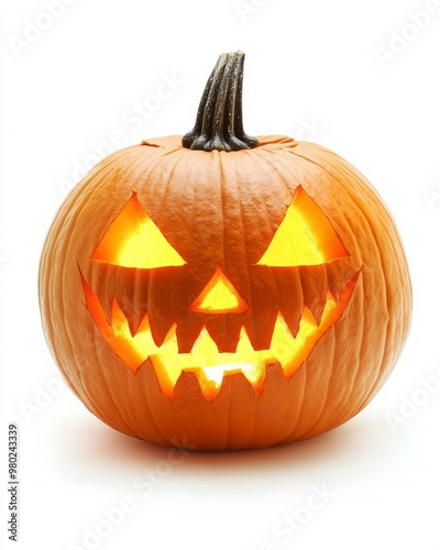 Jack-o'-lantern with a spooky carved face glowing softly on a white background, isolated for stock use