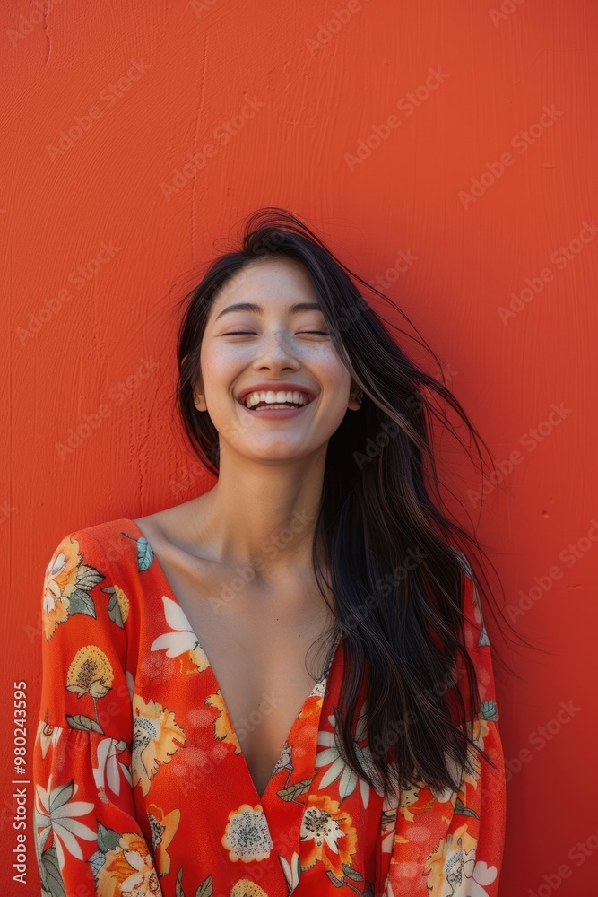 A young woman smiles at the camera with a red background A young woman smiles at the camera with a red background