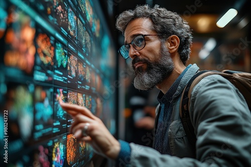 Man Exploring Data Visualization on Large Screen