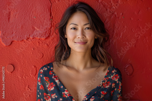 A young woman smiles at the camera with a red background