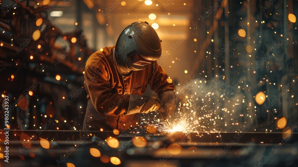 Welder working in a dimly lit, gritty industrial factory, sparks flying from a welding torch, steel beams surrounding the scene, rustic textures and shadows everywhere Welder working in a dimly lit, gritty industrial factory, sparks flying from a welding torch, steel beams surrounding the scene, rustic textures and shadows everywhere