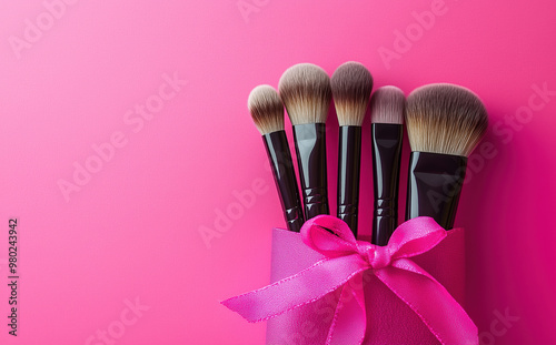 Set of makeup brushes neatly organized in a pink cosmetic bag, makeup bag on pastel pink background, make-up products set