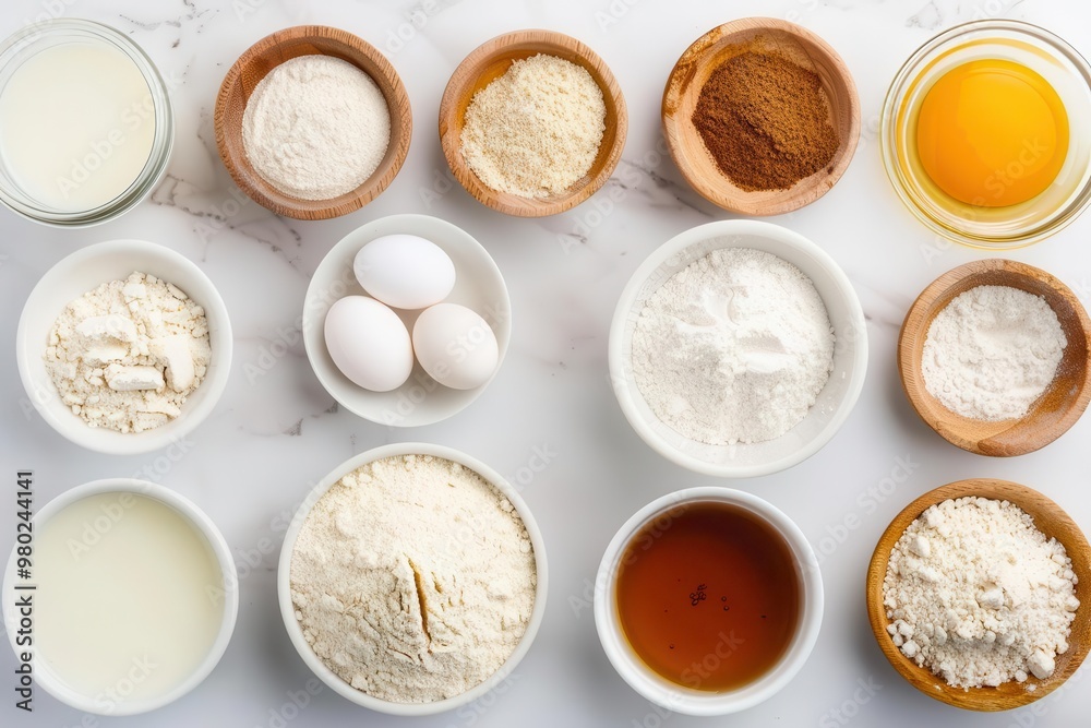 A collection of various baking ingredients arranged neatly, including flour, eggs, milk, and spices ready for cooking.