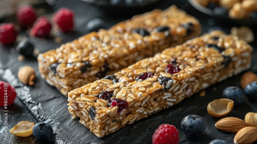 Delicious granola bars featuring nuts, berries, and oats, perfect for a healthy snack or breakfast option on-the-go.