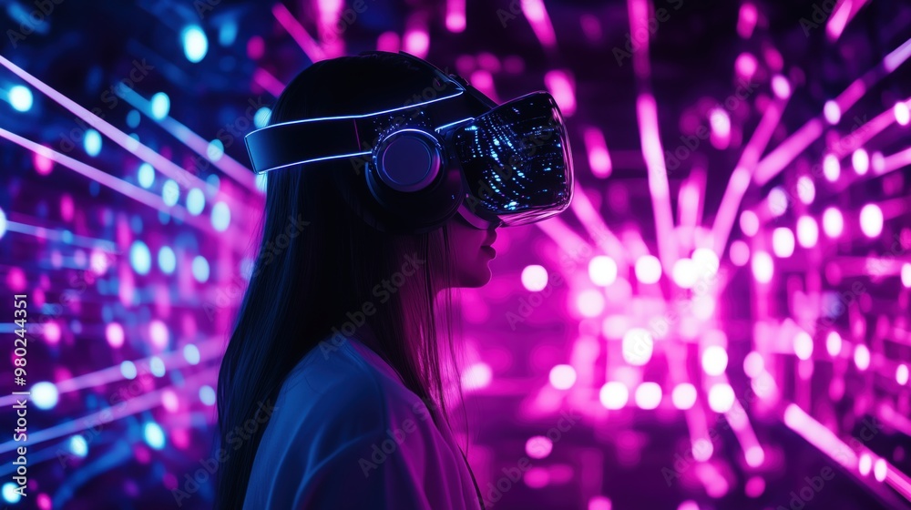 A woman wearing a virtual reality headset stands in front of a colorful background. Concept of excitement and adventure, as the woman is about to embark on a virtual journey A woman wearing a virtual reality headset stands in front of a colorful background. Concept of excitement and adventure, as the woman is about to embark on a virtual journey