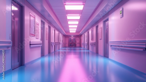 A hospital corridor with bright lights photorealism art