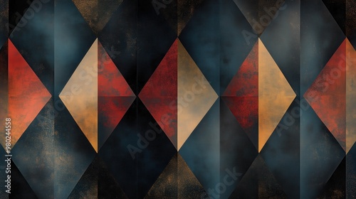 A colorful abstract design with a blue and red background. The design is made up of triangles and squares