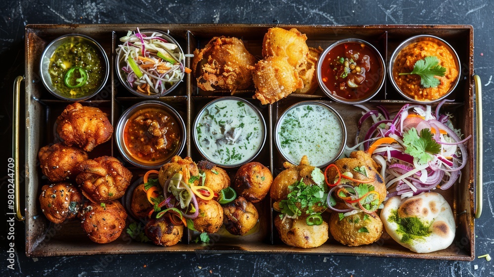 Overhead shot of a vibrant Indian street food platter with a variety of small dishes, including pakoras, bhajis, and chutneys Overhead shot of a vibrant Indian street food platter with a variety of small dishes, including pakoras, bhajis, and chutneys