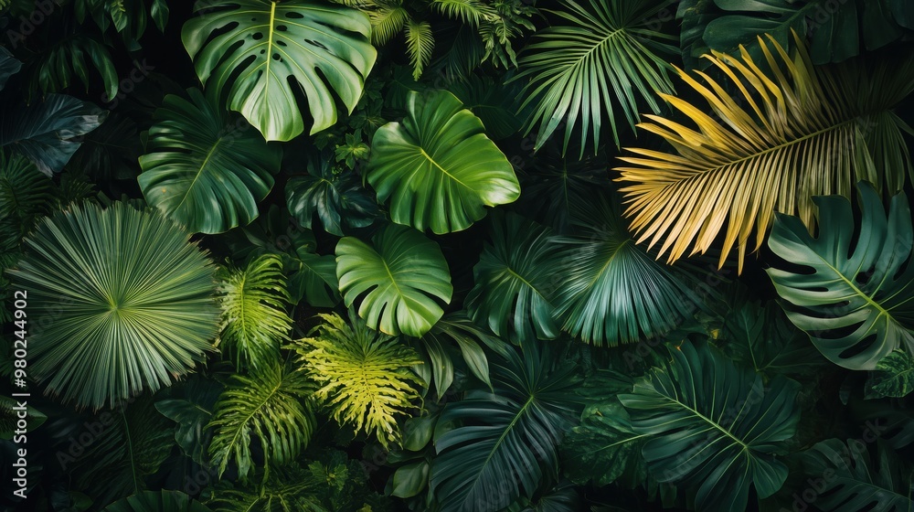 A lush green jungle with many leaves and vines. The jungle is full of life and color, and it gives off a feeling of peace and tranquility A lush green jungle with many leaves and vines. The jungle is full of life and color, and it gives off a feeling of peace and tranquility