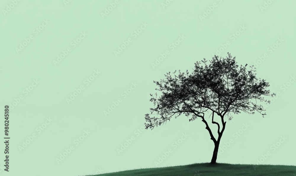 A tree is standing on a hill with a green background. The tree is the main focus of the image, and it is the only object in the scene. The image has a serene and peaceful mood A tree is standing on a hill with a green background. The tree is the main focus of the image, and it is the only object in the scene. The image has a serene and peaceful mood