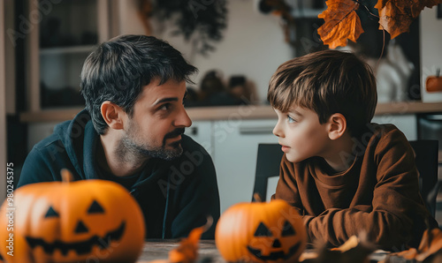 Smiling parent father removing pulp from ripe pumpkin while carving jack o lantern with little son photo