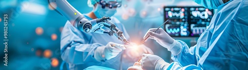 Futuristic surgery with robotic arms and AI systems performing precise medical procedures in a high-tech operating room, showcasing the future of healthcare