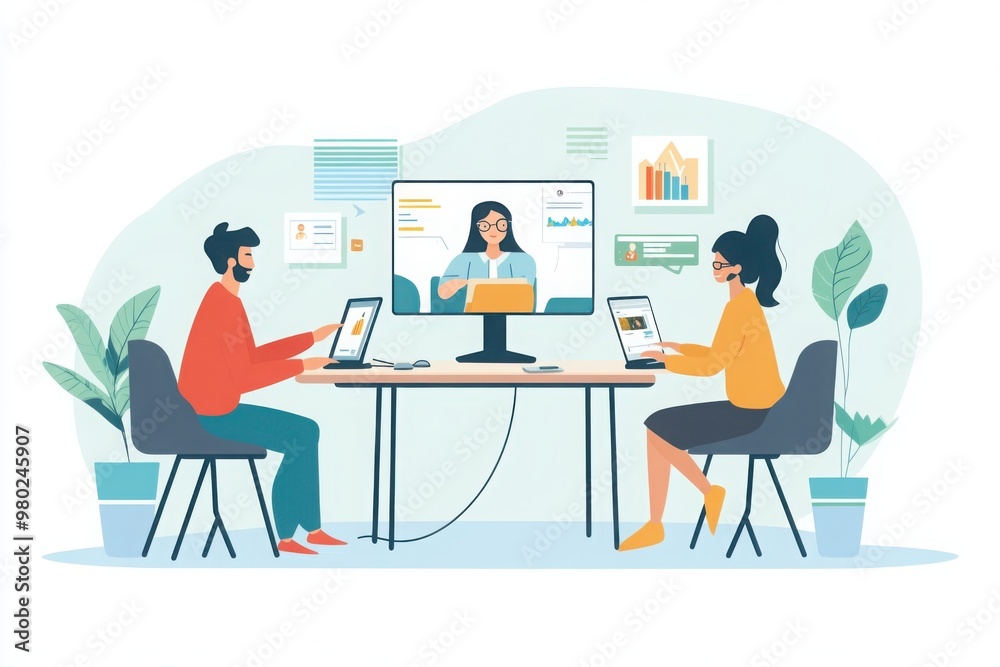 Illustrated Office Team Discussing Project